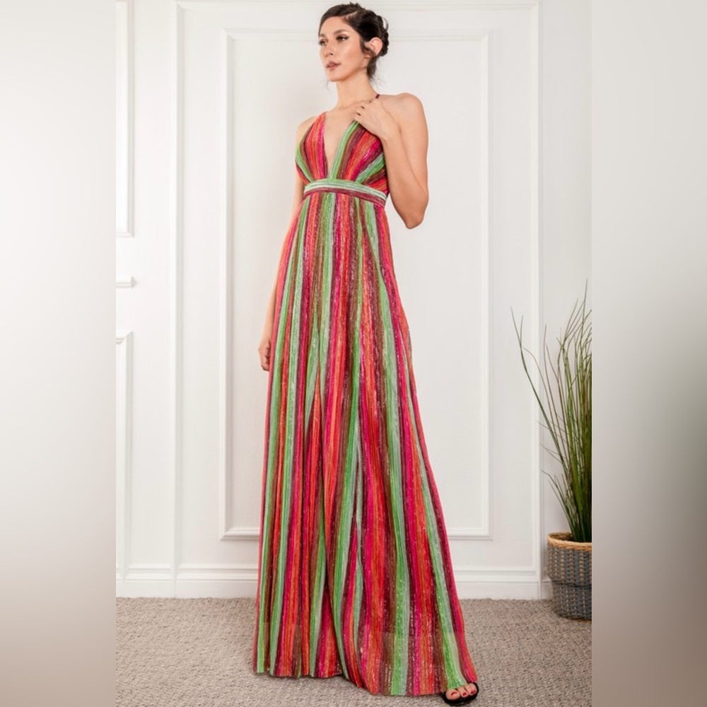 A278. Multicolor Shimmer Halter Maxi Dress