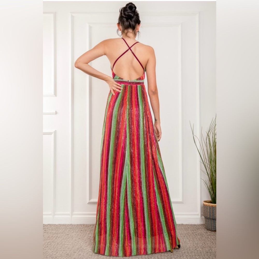 A278. Multicolor Shimmer Halter Maxi Dress