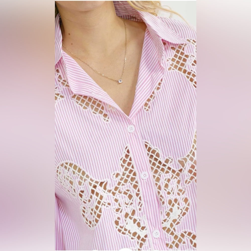 A281. Pink Lace Embroidered Cutout Detail Striped Button Down Top