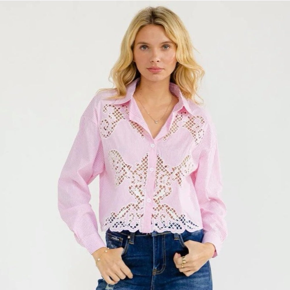A281. Pink Lace Embroidered Cutout Detail Striped Button Down Top