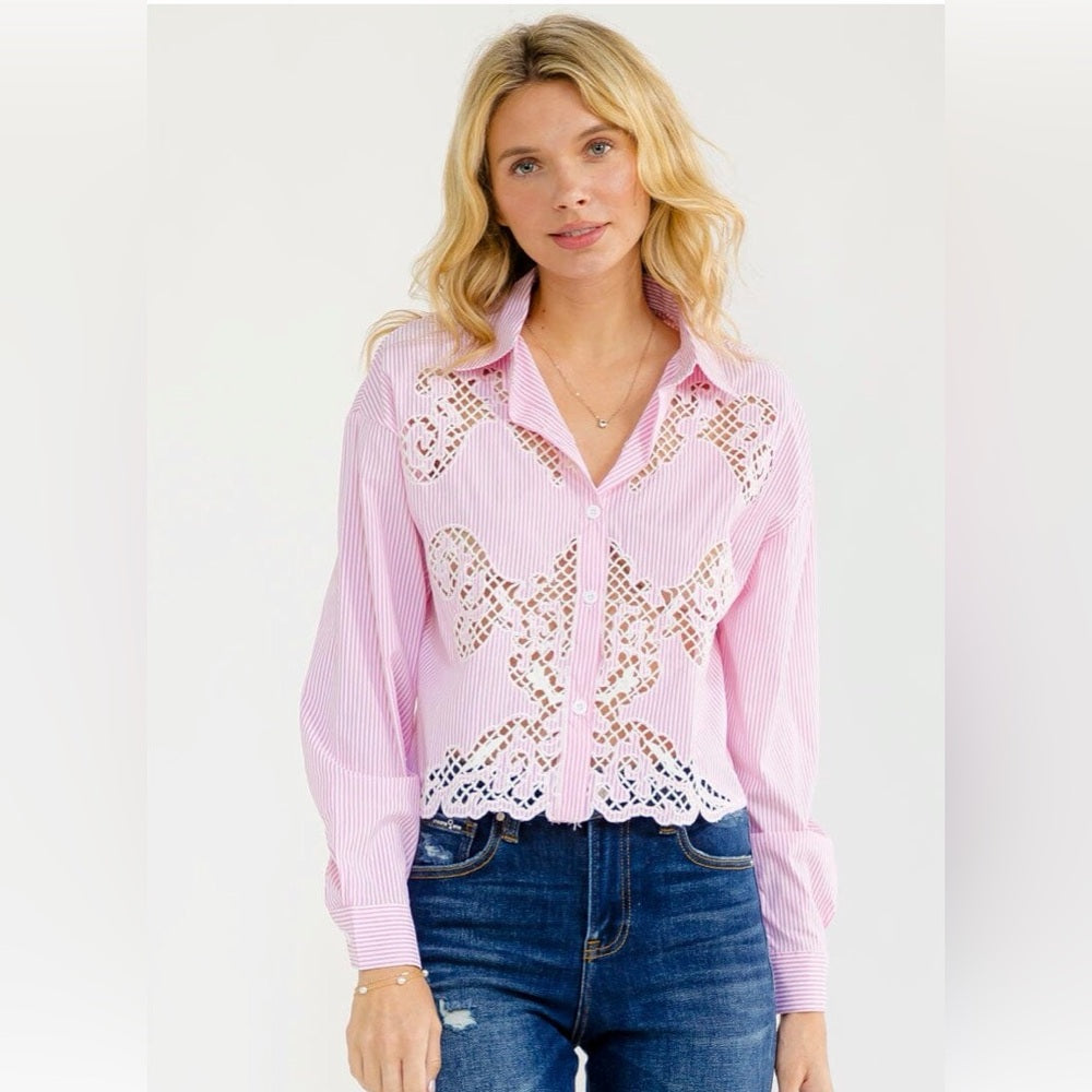 A281. Pink Lace Embroidered Cutout Detail Striped Button Down Top