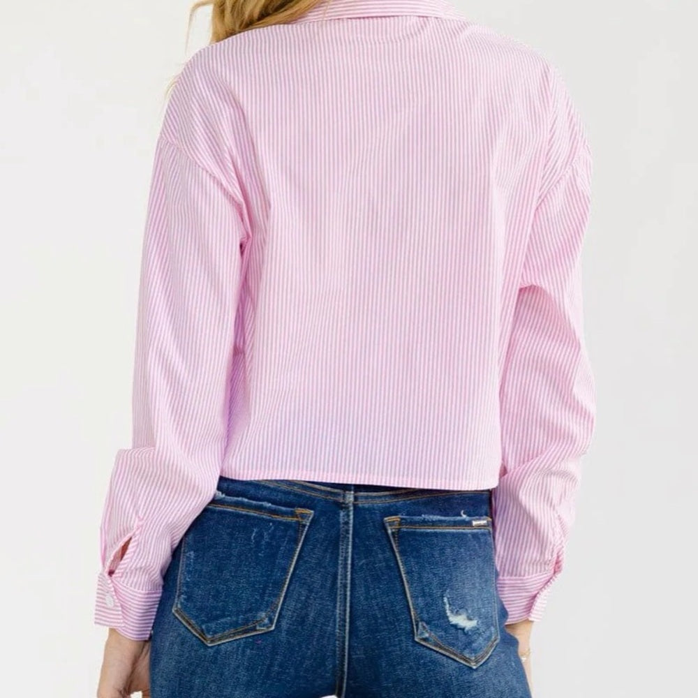 A281. Pink Lace Embroidered Cutout Detail Striped Button Down Top