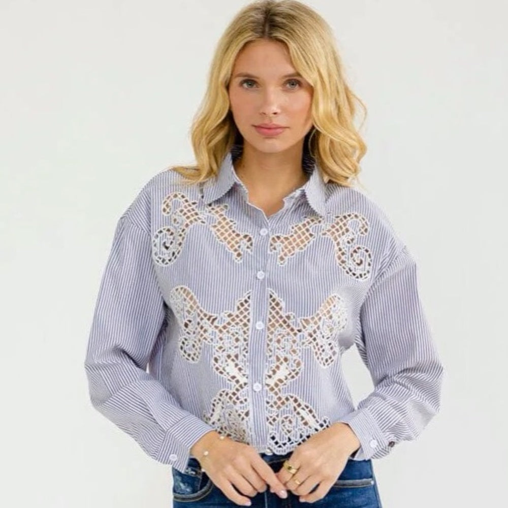 A282. Blue Lace Embroidered Cutout Detail Striped Button Down Top