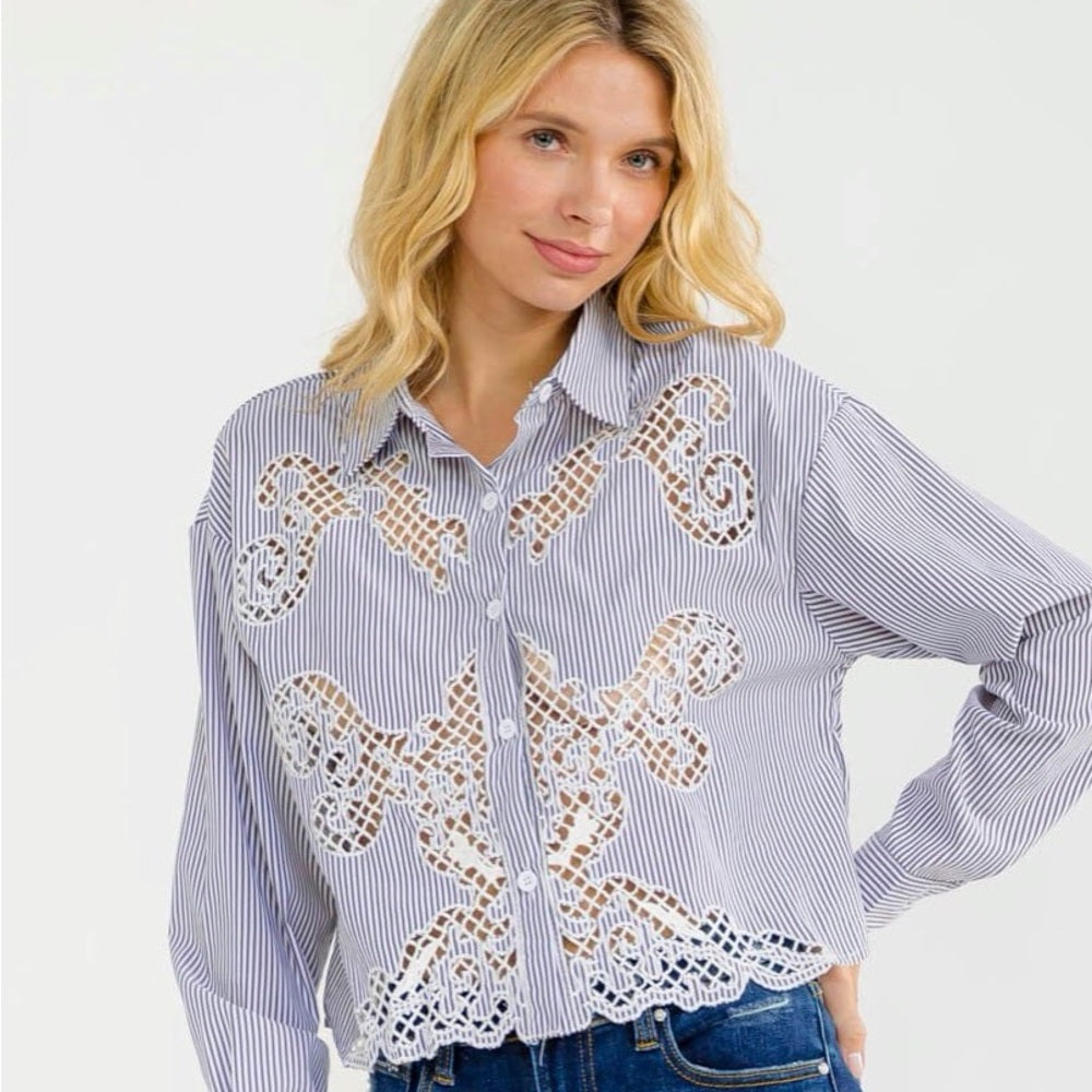 A282. Blue Lace Embroidered Cutout Detail Striped Button Down Top