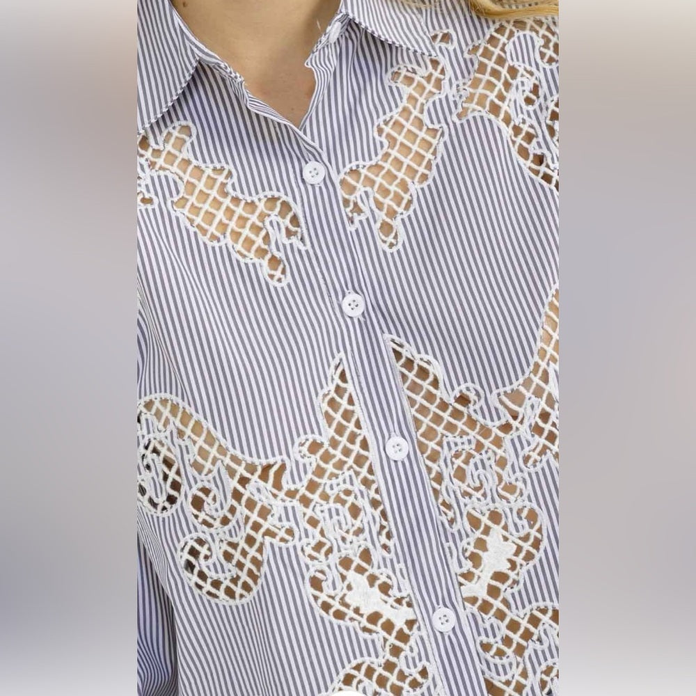 A282. Blue Lace Embroidered Cutout Detail Striped Button Down Top