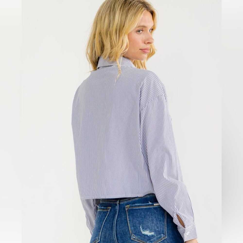 A282. Blue Lace Embroidered Cutout Detail Striped Button Down Top