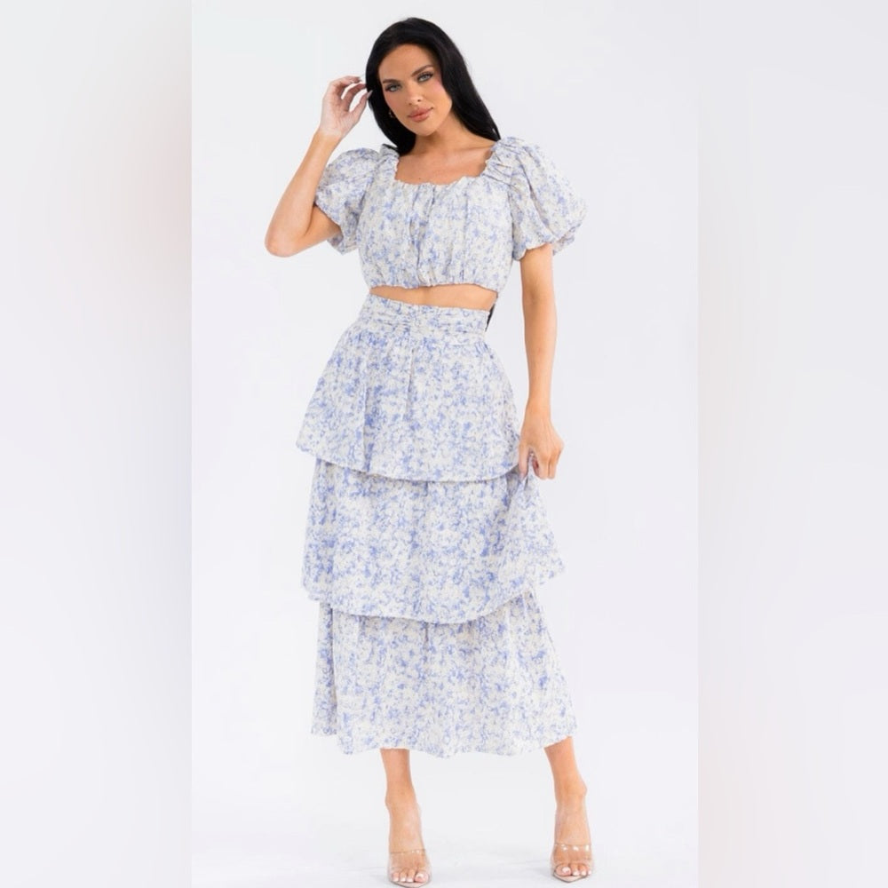 A285. Embroidered Floral Blue Tiered Skirt Set