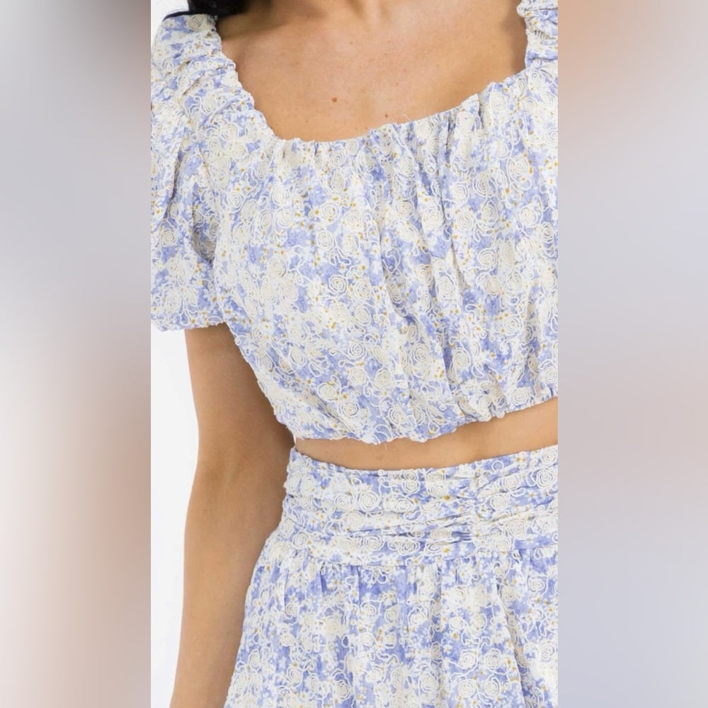 A285. Embroidered Floral Blue Tiered Skirt Set