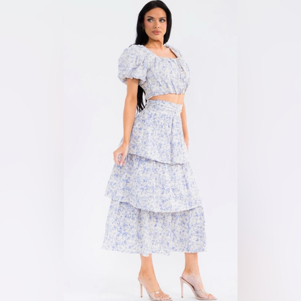 A285. Embroidered Floral Blue Tiered Skirt Set