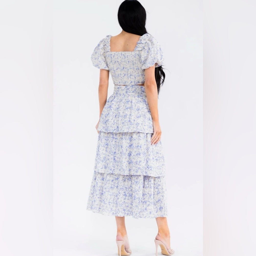 A285. Embroidered Floral Blue Tiered Skirt Set