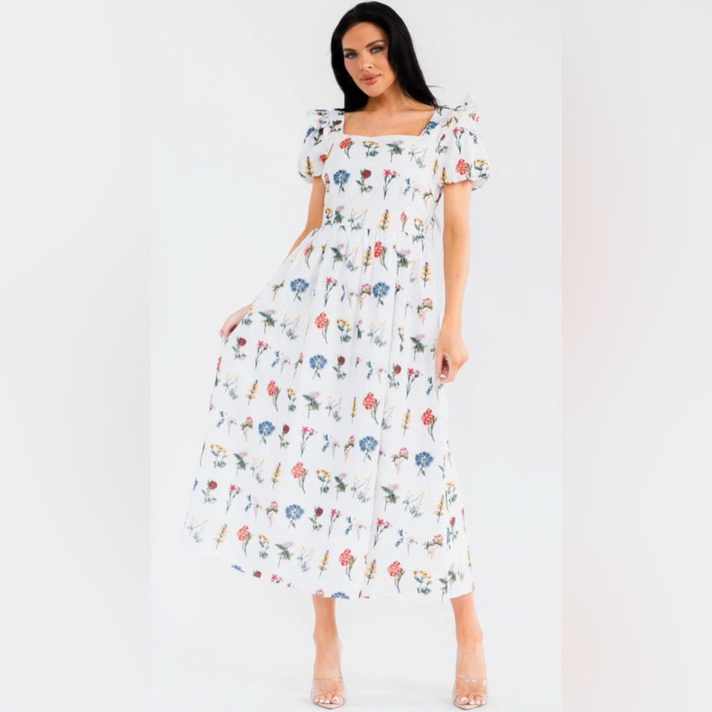 A286. Embroidered Floral White Maxi Dress