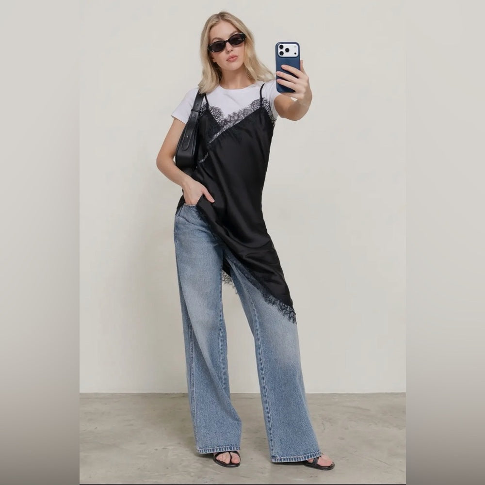 A286. Black Lace Asymmetrical Slip Dress