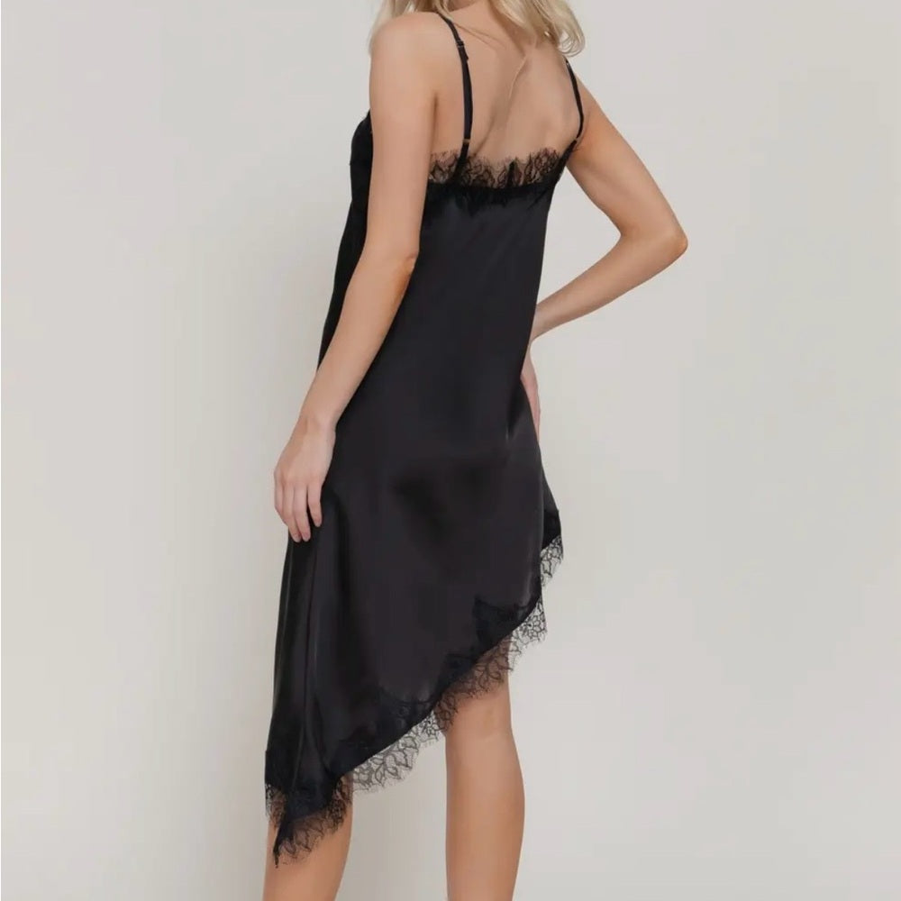 A286. Black Lace Asymmetrical Slip Dress