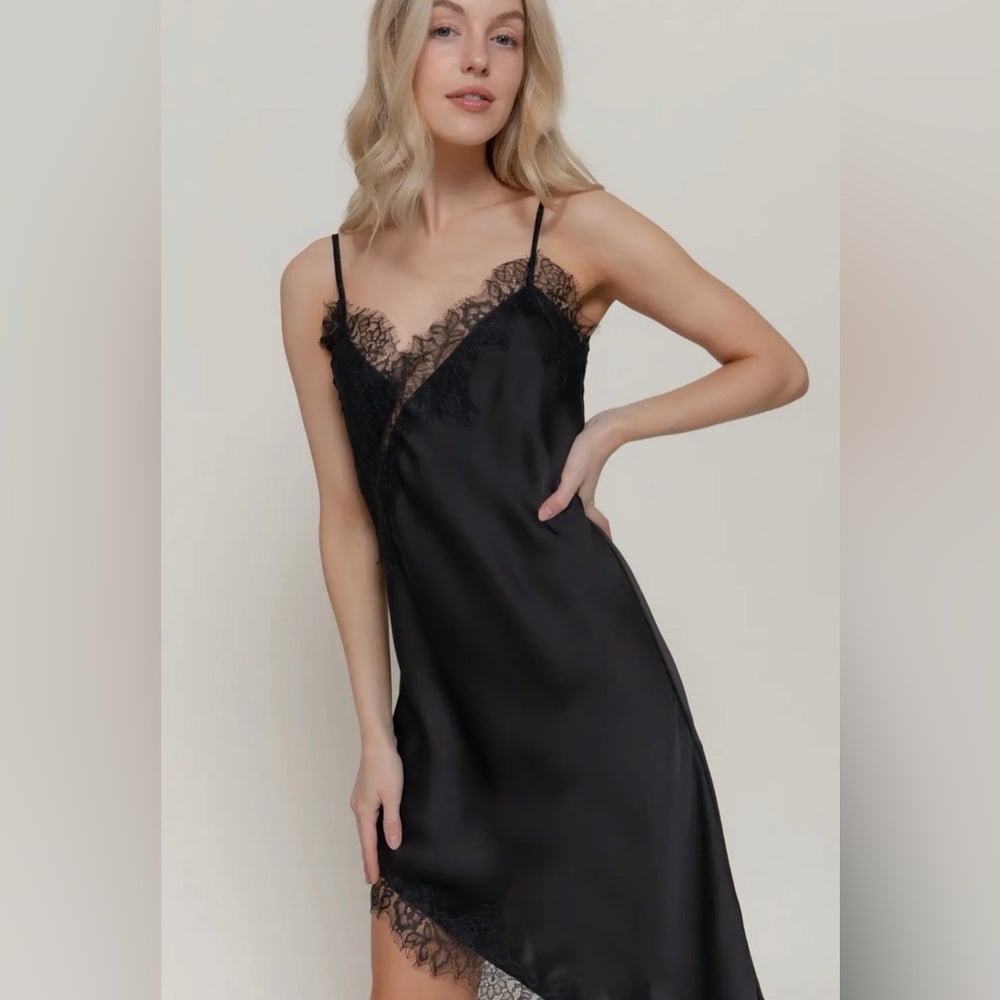 A286. Black Lace Asymmetrical Slip Dress