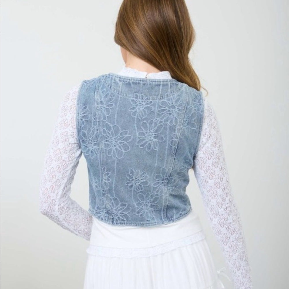 A287. Light Blue Lace-Up Floral Pattern Denim Vest