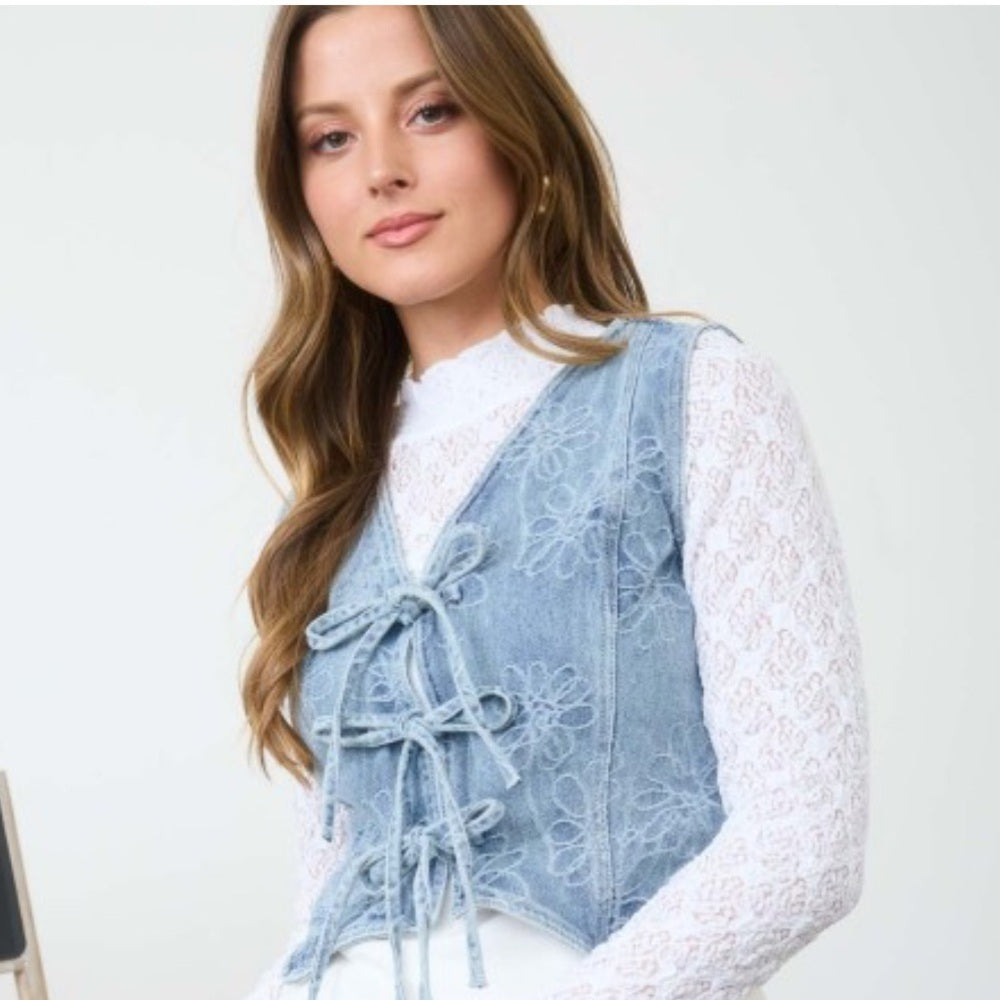 A287. Light Blue Lace-Up Floral Pattern Denim Vest