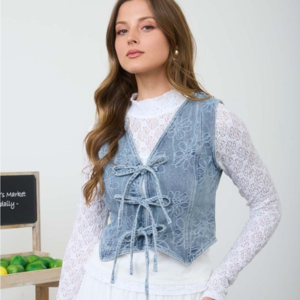A287. Light Blue Lace-Up Floral Pattern Denim Vest