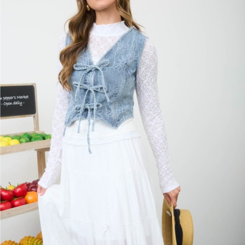 A287. Light Blue Lace-Up Floral Pattern Denim Vest