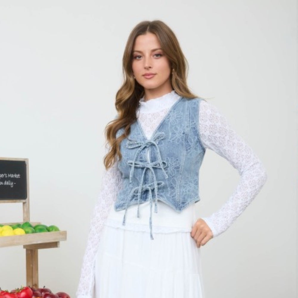 A287. Light Blue Lace-Up Floral Pattern Denim Vest