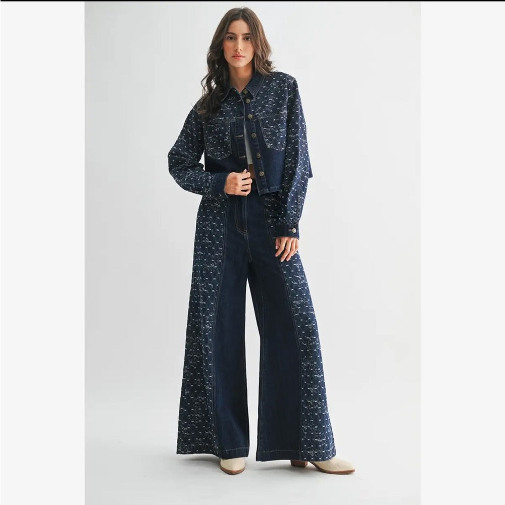 A294. Stylish Blue Denim Jacket and Wide-Leg Pants Set
