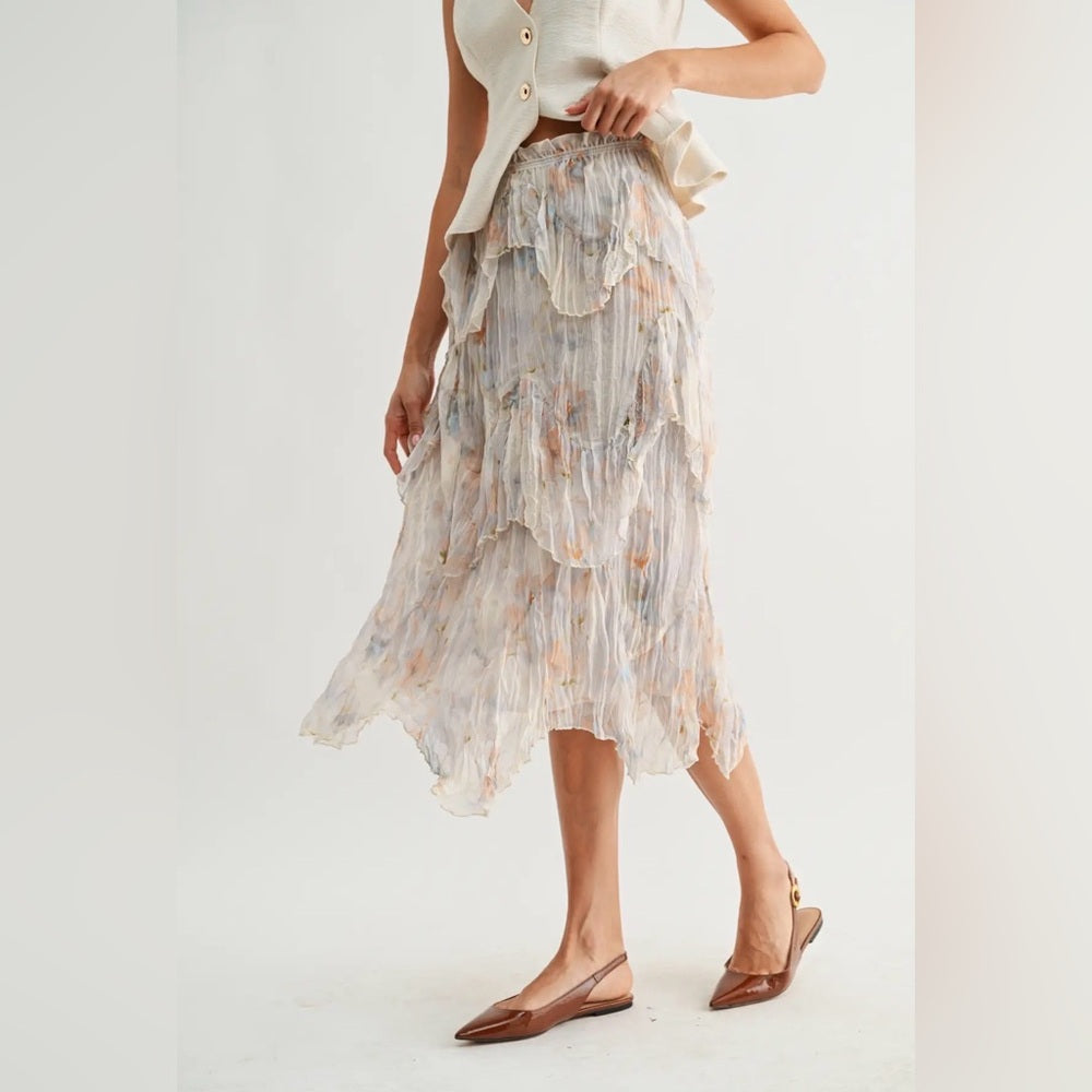A295. Layered Chiffon Midi Skirt with Watercolor Floral Print