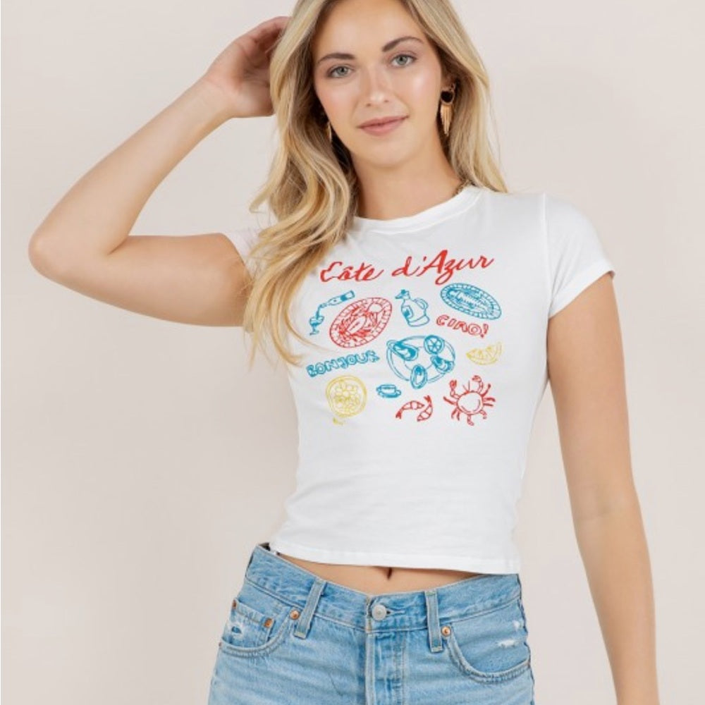 A290. White Baby Graphic Tee - Côte d'Azur Design