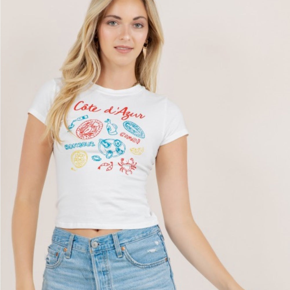 A290. White Baby Graphic Tee - Côte d'Azur Design
