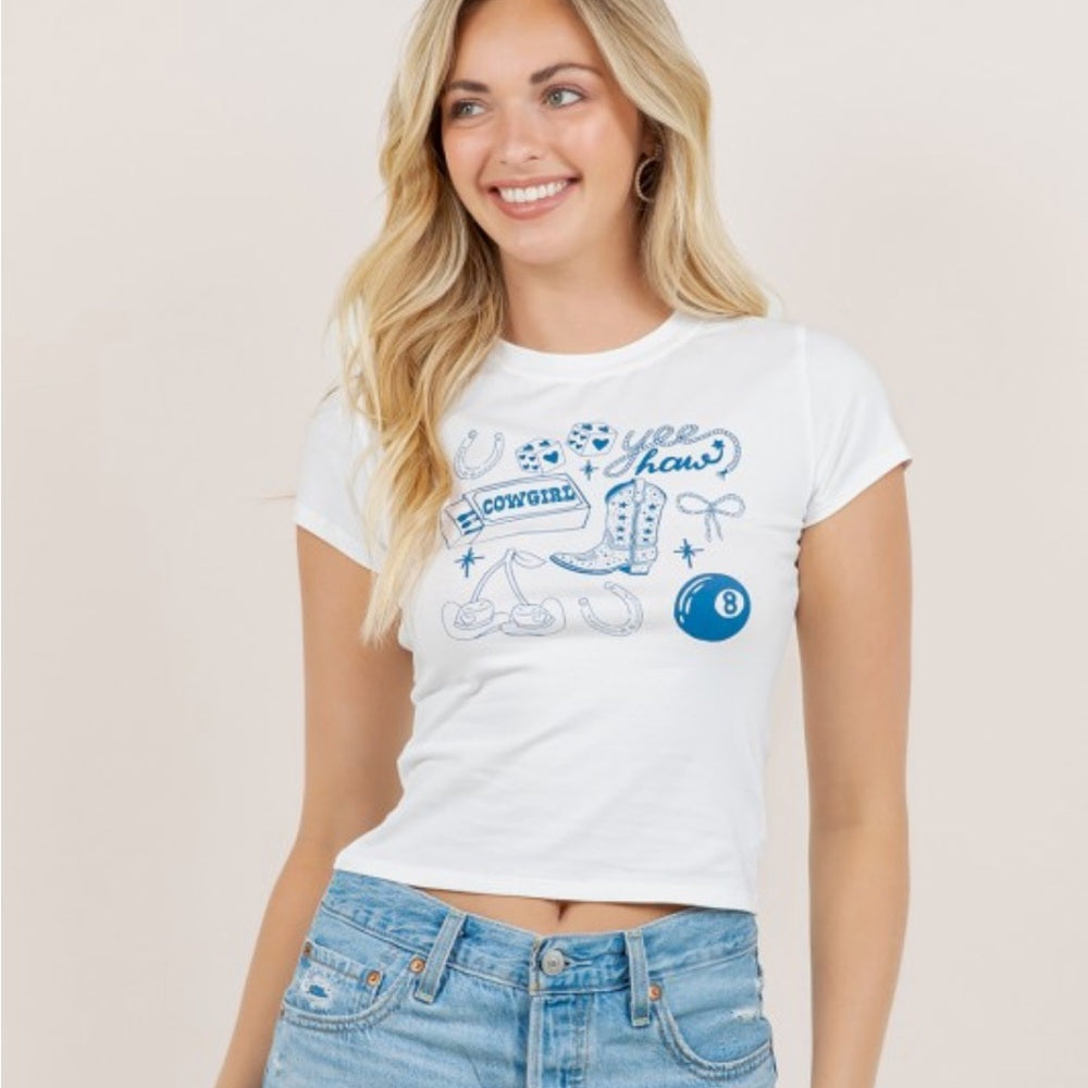A291. White Baby Graphic Tee - Yeehaw Cowgirl Design