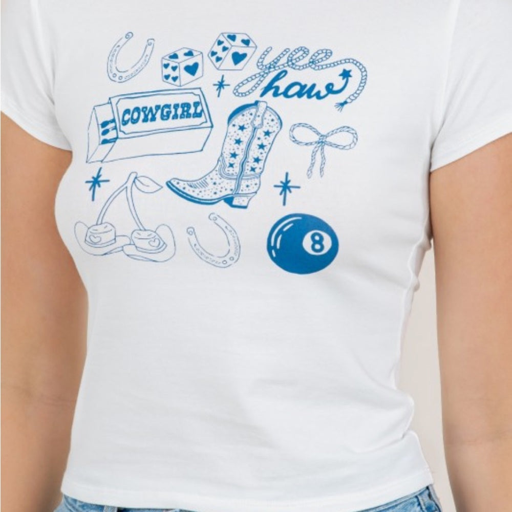 A291. White Baby Graphic Tee - Yeehaw Cowgirl Design