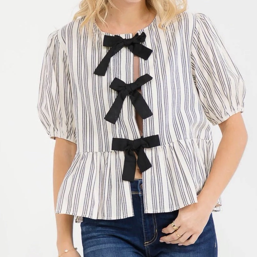 A292. Striped Puff Sleeve Top with Black Bow Accents
