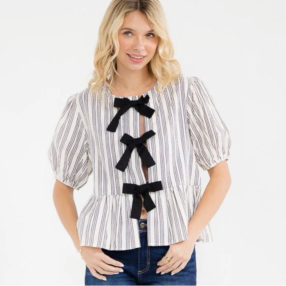 A292. Striped Puff Sleeve Top with Black Bow Accents
