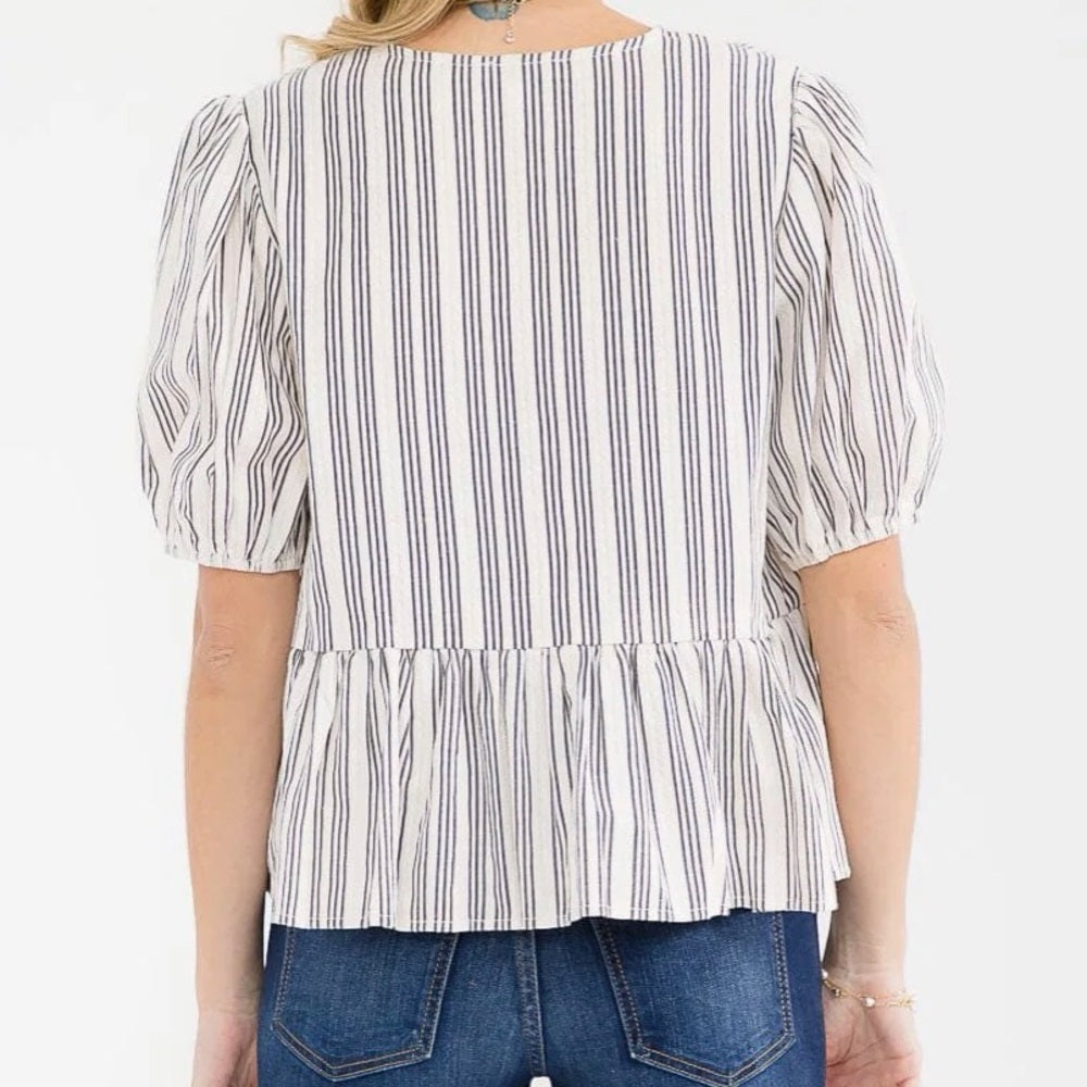 A292. Striped Puff Sleeve Top with Black Bow Accents