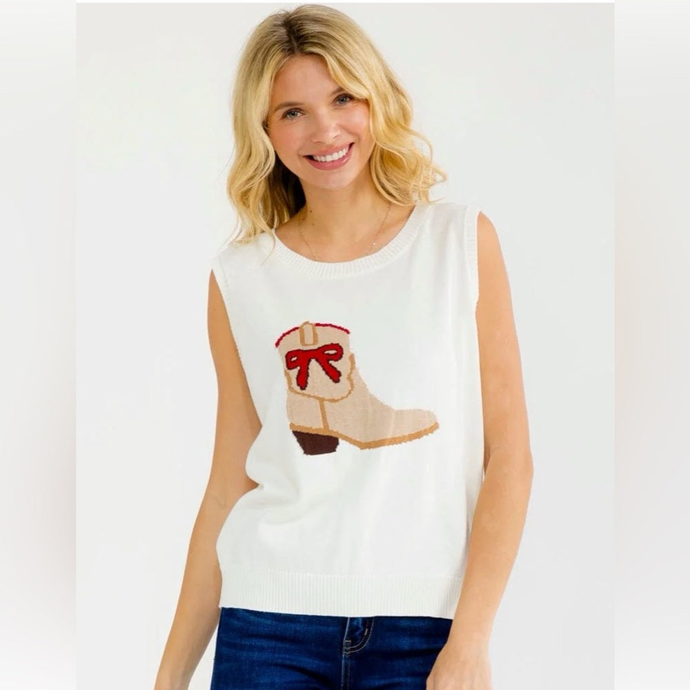 A293. Cream Sleeveless Knit Top with Boot Design