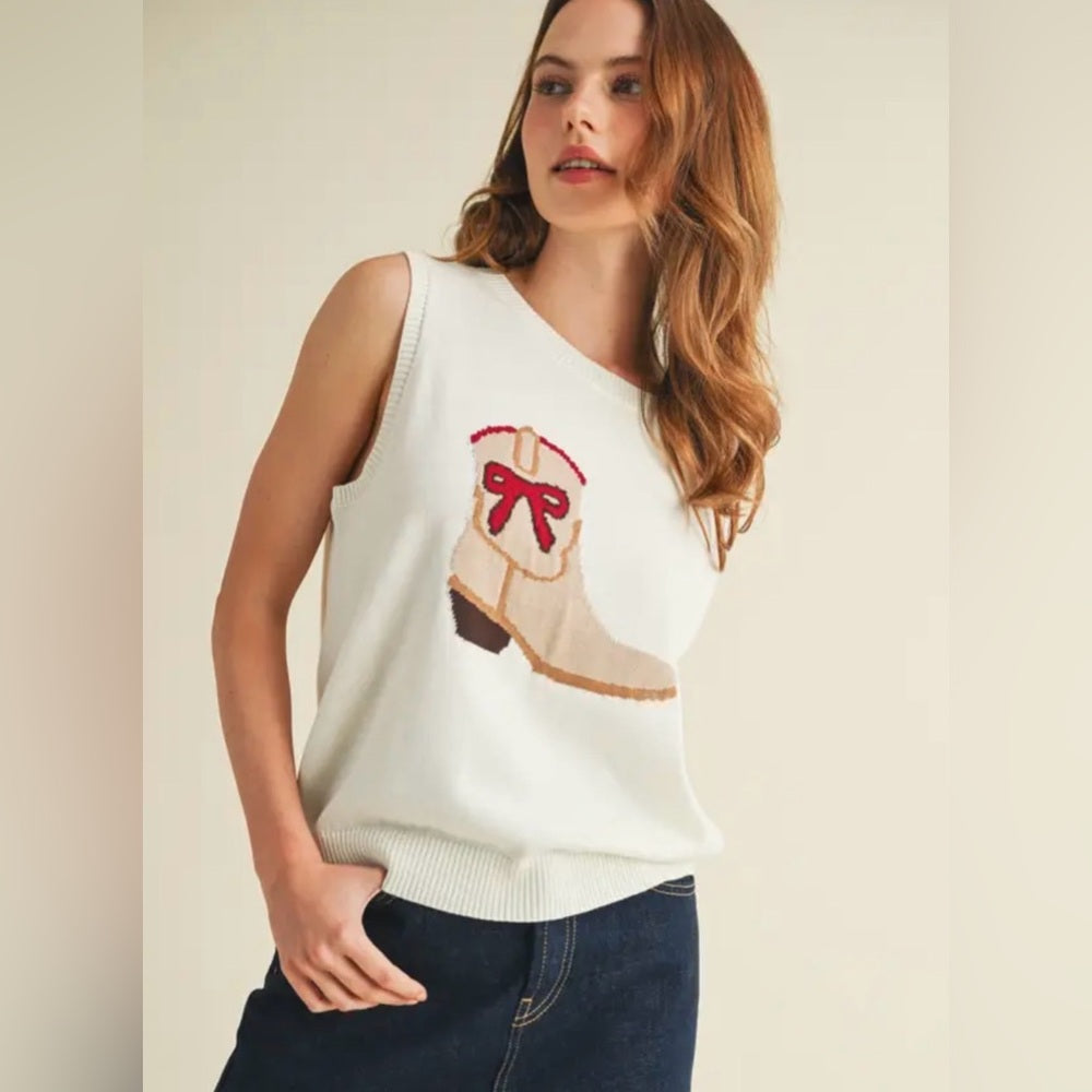 A293. Cream Sleeveless Knit Top with Boot Design