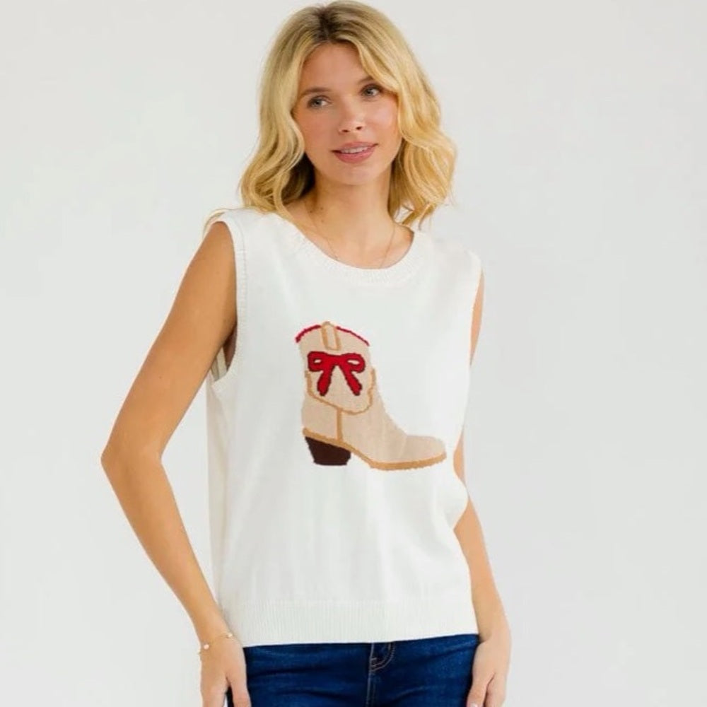 A293. Cream Sleeveless Knit Top with Boot Design