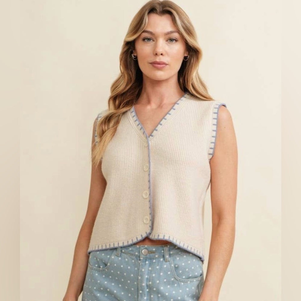 A294. Cream w Sky Blue Stitching Sleeveless Button-Up Knit Vest