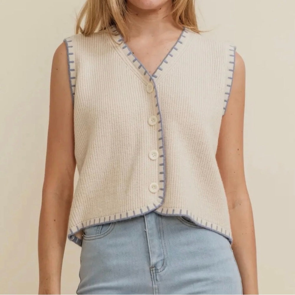 A294. Cream w Sky Blue Stitching Sleeveless Button-Up Knit Vest