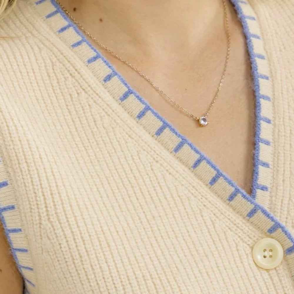A294. Cream w Sky Blue Stitching Sleeveless Button-Up Knit Vest