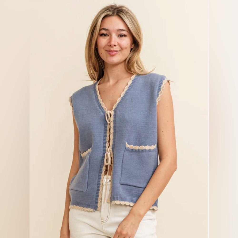 A295. Blue and Cream Knit Bow Front Vest