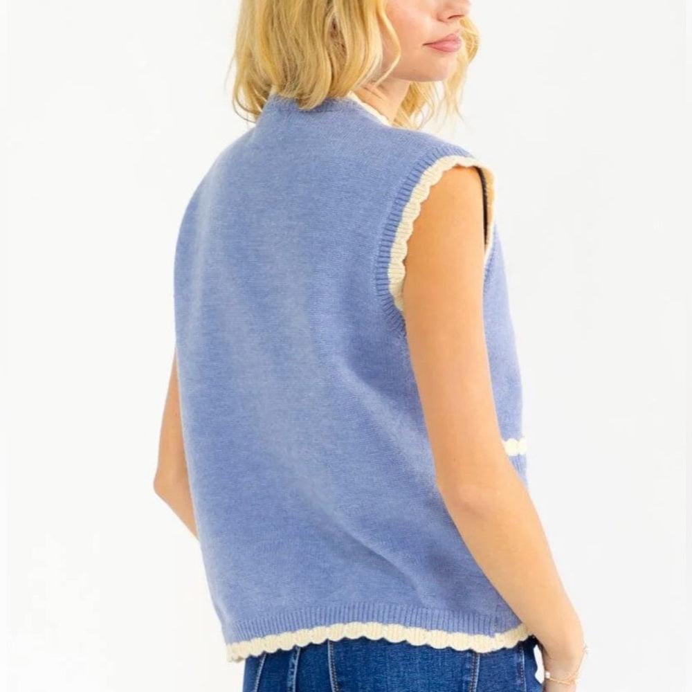 A295. Blue and Cream Knit Bow Front Vest