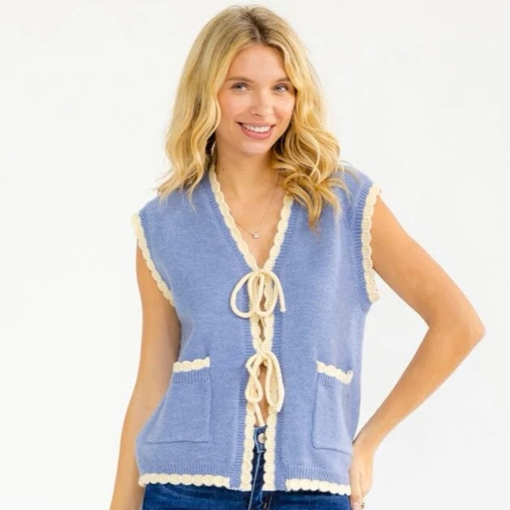 A295. Blue and Cream Knit Bow Front Vest