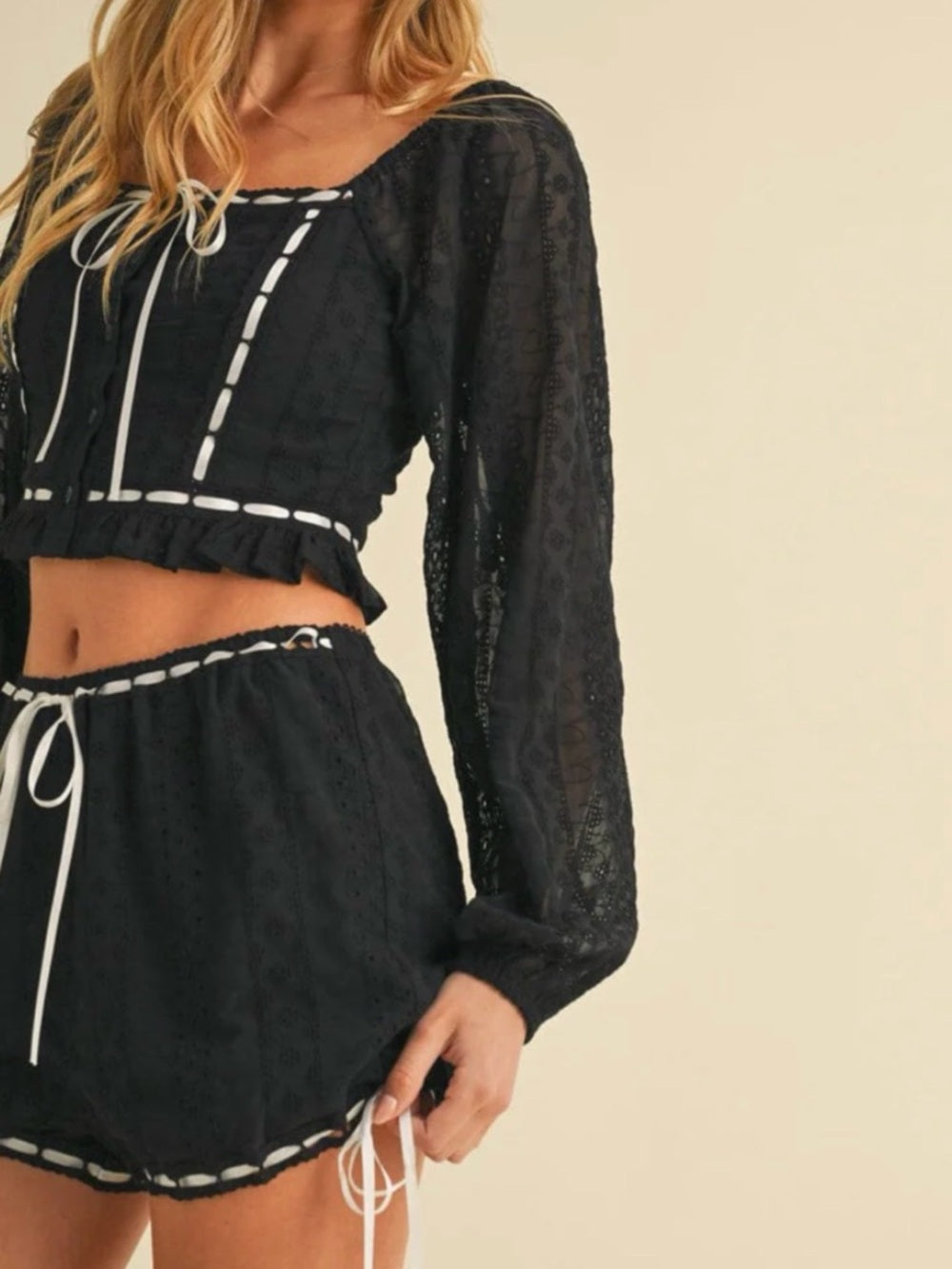 A297. Black Lace Two-Piece Crop Top and Short Set with White Trim