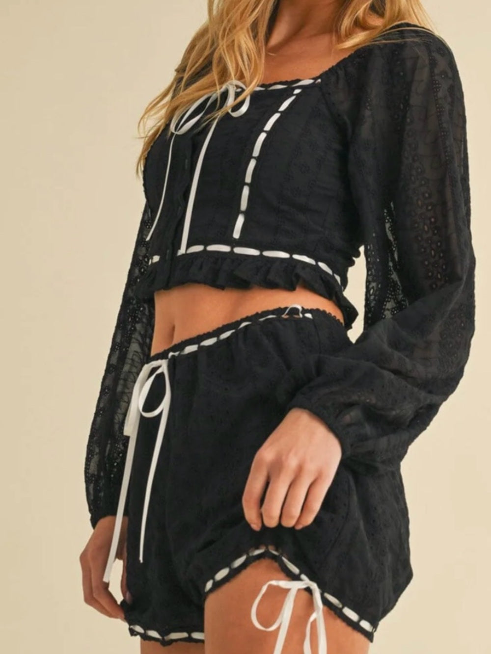 A297. Black Lace Two-Piece Crop Top and Short Set with White Trim