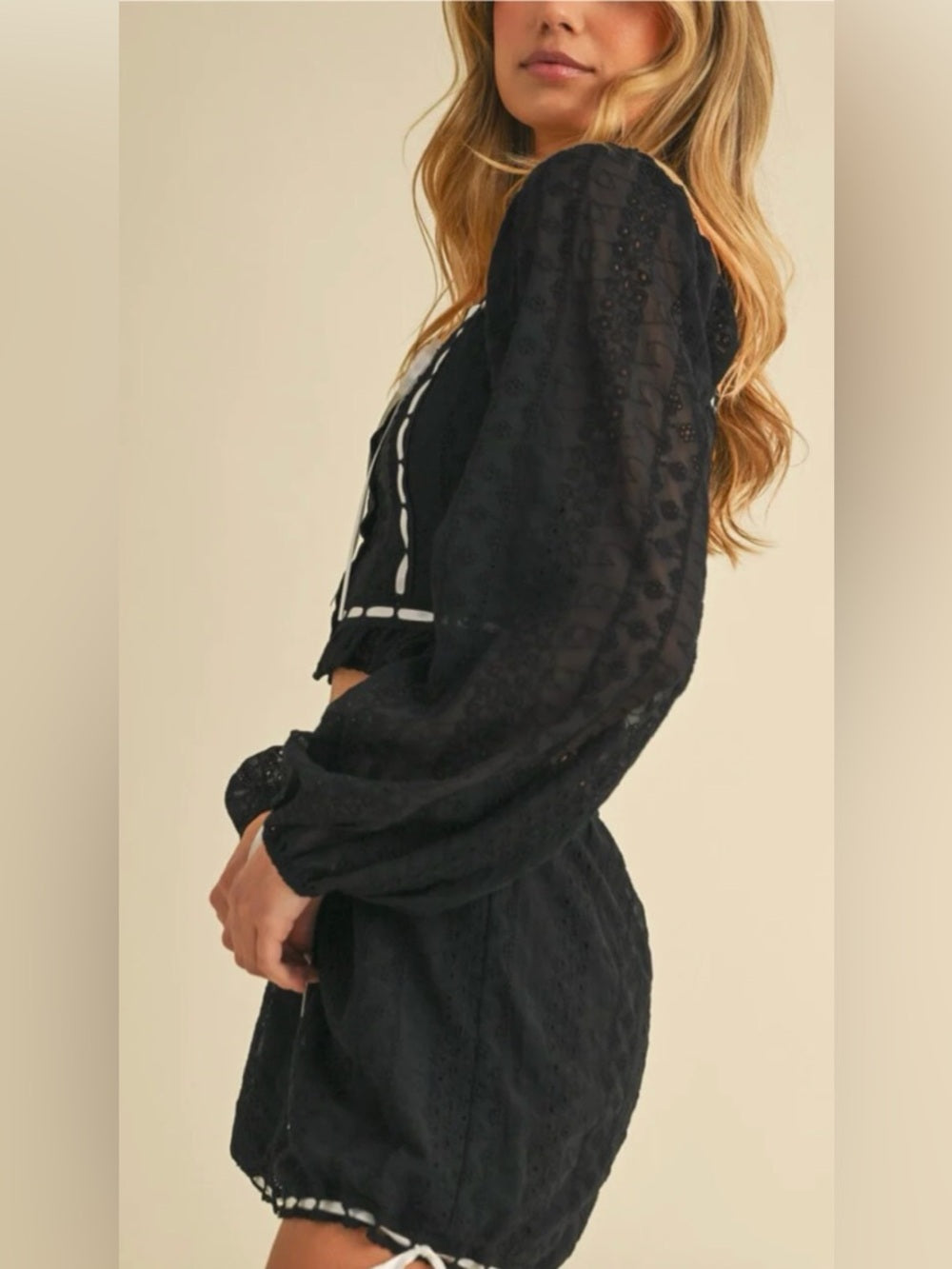 A297. Black Lace Two-Piece Crop Top and Short Set with White Trim