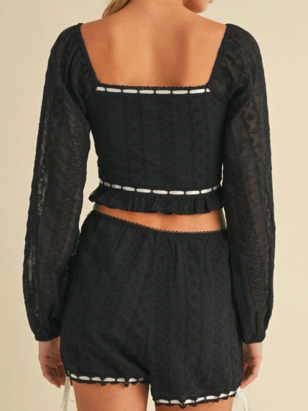 A297. Black Lace Two-Piece Crop Top and Short Set with White Trim