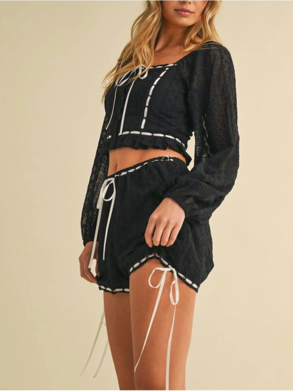 A297. Black Lace Two-Piece Crop Top and Short Set with White Trim