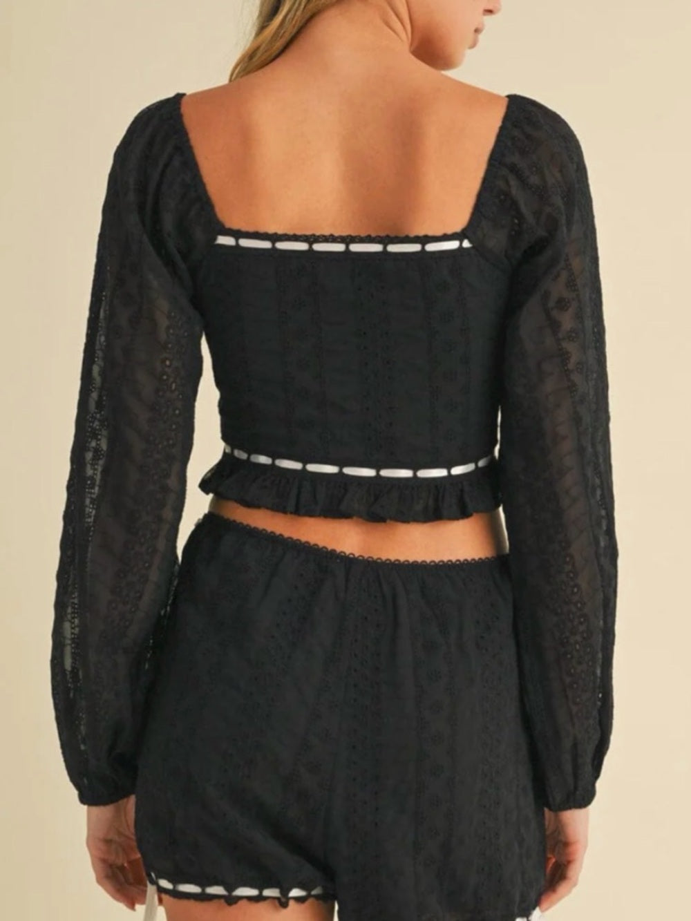A297. Black Lace Two-Piece Crop Top and Short Set with White Trim