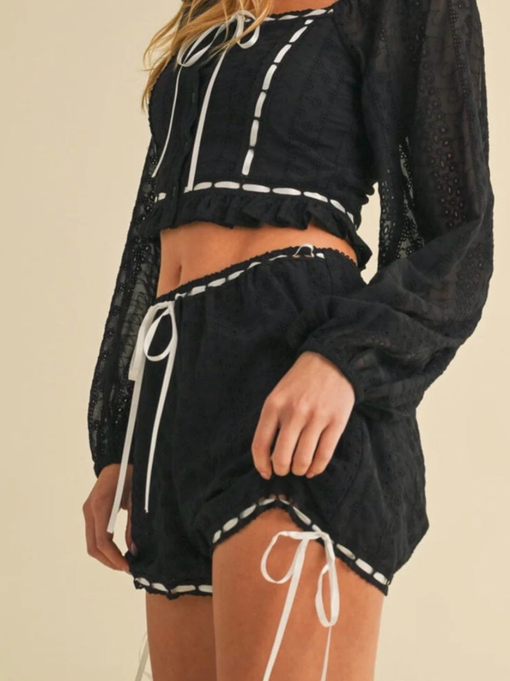 A297. Black Lace Two-Piece Crop Top and Short Set with White Trim