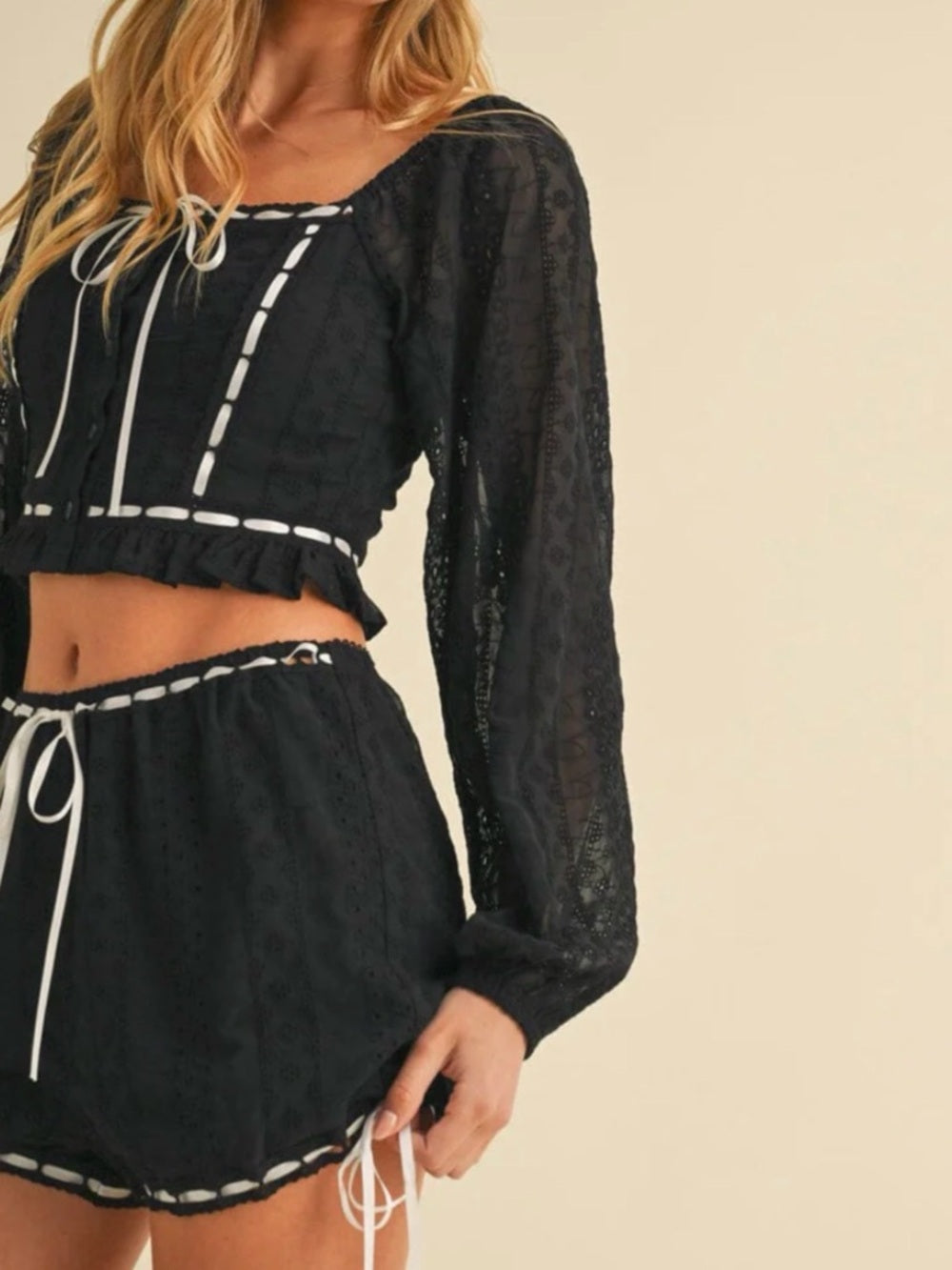 A297. Black Lace Two-Piece Crop Top and Short Set with White Trim