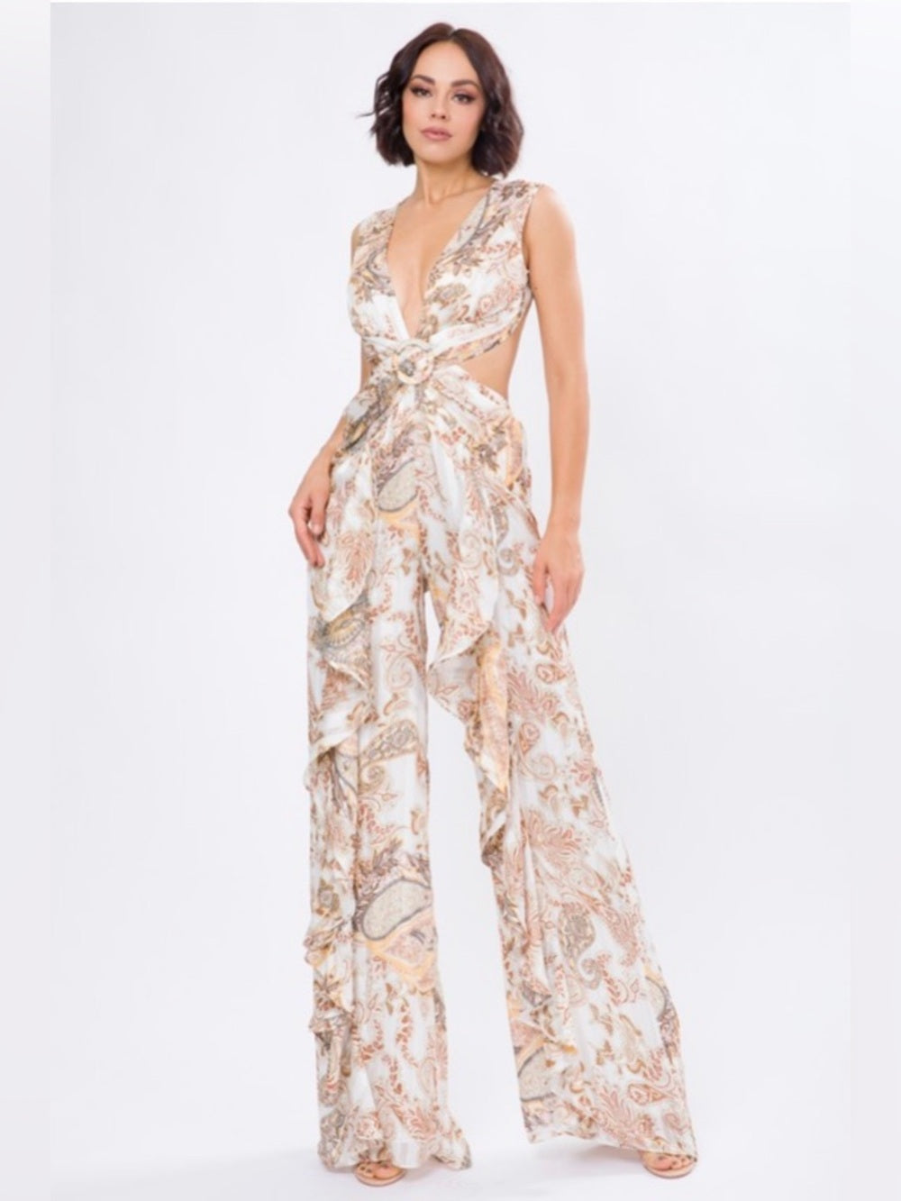 A301. Cream Paisley Wide-Leg Cut-out Jumpsuit